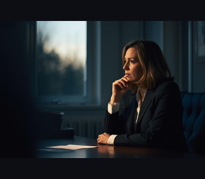 Reflective Headteacher sitting alone in a dimly lit office at the end of the school day, deep in thought while carrying the emotional weight of school leadership.