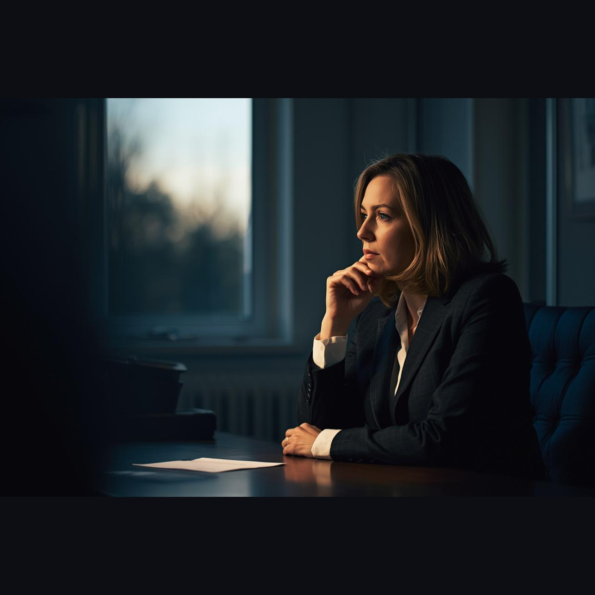 Reflective Headteacher sitting alone in a dimly lit office at the end of the school day, deep in thought while carrying the emotional weight of school leadership.